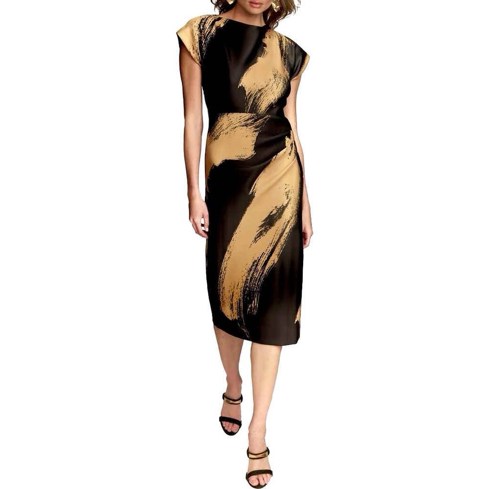 Donna Karan Black And Gold Brushstroke Scuba Sheath Midi Dress Size 2